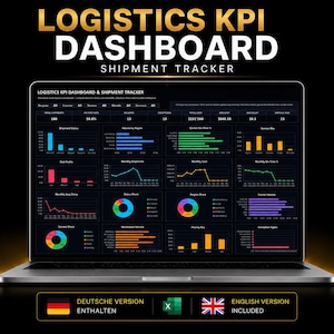 May include: A laptop screen displaying a Logistics KPI Dashboard and Shipment Tracker with various colorful bar, line, and pie charts on a dark background. The text reads Logistics KPI Dashboard Shipment Tracker, with German and English versions included.