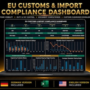 EU Customs & Import Compliance Dashboard Excel Template | Duty, VAT, HS Code, Documents and Clearance Tracker (en/de)