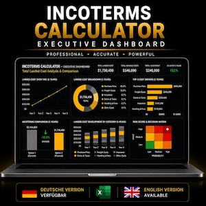 May include: A laptop screen displaying an Incoterms Calculator Executive Dashboard with financial data, including a landed cost analysis, cost breakdown pie chart, bar graphs, and a risk score matrix. The interface features dark mode with gold accents.