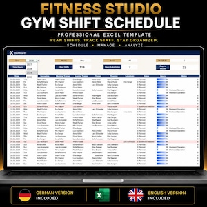Plantilla de Excel para la planificación de turnos de gimnasios y estudios de fitness 2026-2030: Planificador de personal, horarios de trabajo, lista de empleados del gimnasio y seguimiento de turnos (EN/DE)
