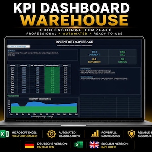 May include: A laptop screen displaying a KPI Dashboard Warehouse professional template for inventory coverage. The interface features data tables, a blue and green area chart, and status metrics. Text includes KPI DASHBOARD WAREHOUSE, PROFESSIONAL TEMPLATE, AUTOMATED, READY TO USE, MICROSOFT EXCEL, and language options.