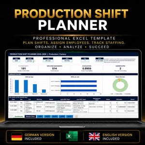 May include: A laptop screen displaying a Production Shift Planner Excel template with data tables, bar charts, and a status donut chart. The text reads Production Shift Planner, Professional Excel Template, Plan Shifts, Assign Employees, Track Staffing, Organize, Analyze, Succeed, German Version Included, and English Version Included.