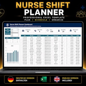 May include: A laptop screen displaying a Nurse Shift Planner professional Excel template dashboard. The interface includes a data table with columns for date, weekday, employee name, role, department, shift, hours, status, and notes, plus summary metrics.