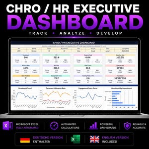 Könnte beinhalten: Ein Laptop-Bildschirm zeigt ein CHRO / HR Executive Dashboard mit verschiedenen Datentabellen, Kennzahlen und Trenddiagrammen. Die Oberfläche enthält Bereiche für Personalbestand, Fluktuation und Engagement. Symbole unter dem Bildschirm weisen auf Microsoft Excel-Kompatibilität, automatisierte Berechnungen sowie enthaltene deutsche und englische Versionen hin.