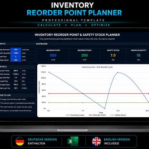 Inventory Reorder Point Excel Template: Safety Stock Calculation, Optimal Reorder Timing and Warehouse Optimization Tool (EN/DE)