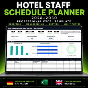 May include: A laptop screen displaying a Hotel Staff Schedule Planner 2026-2030 professional Excel template. The dashboard shows data for reception, housekeeping, service, and night porter roles, including shift counts, employee assignments, and staffing levels.