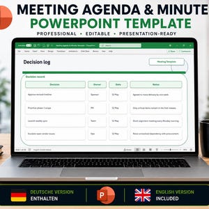 May include: A laptop screen displaying a PowerPoint template titled Meeting Agenda & Minutes. The slide shows a Decision log table with columns for Decision, Owner, Date, and Notes, featuring green accents and a clean, organised layout for business meetings.
