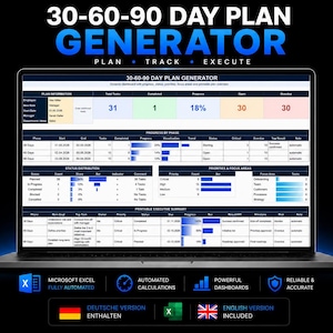 Könnte beinhalten: Ein Laptop-Bildschirm zeigt ein 30-60-90 Day Plan Generator Dashboard mit Tabellen für Planinformationen, Fortschritt nach Phasen, Statusverteilung, Prioritäten und eine druckbare Zusammenfassung. Die Oberfläche enthält blaue und weiße Diagramme.
