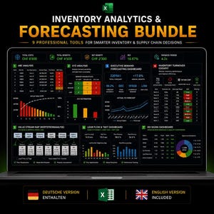 Puede incluir: Una pantalla de portátil que muestra un paquete de análisis y previsión de inventario con nueve herramientas profesionales. El panel incluye varios gráficos, tablas y puntos de datos, como el análisis ABC, el análisis XYZ y un panel Six Sigma.