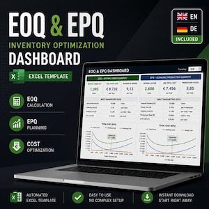 Könnte beinhalten: Ein Laptop zeigt ein Inventaroptimierungs-Dashboard mit der Aufschrift "EOQ & EPQ". Der Bildschirm zeigt Datenvisualisierungen und Finanzkennzahlen. Das Design beinhaltet den Text "Excel Template" und Symbole für Berechnung, Planung und Kostenoptimierung.