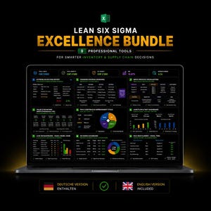 May include: A laptop screen displaying the Lean Six Sigma Excellence Bundle, featuring nine professional tools for inventory and supply chain management. The interface includes various data charts, tables, and metrics in a dark mode layout with gold text.