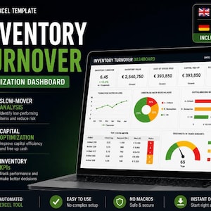 May include: A laptop screen displaying an Excel template for inventory turnover optimization. The dashboard shows charts, graphs, and key performance indicators (KPIs) for financial analysis. Text includes "Inventory Turnover" and "Optimization Dashboard."