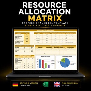 Könnte beinhalten: Ein Laptop-Bildschirm mit einer professionellen Excel-Vorlage für eine Ressourcenallokationsmatrix. Das Dashboard enthält Tabellen, ein Balkendiagramm und ein Kreisdiagramm mit Daten zu Projektstunden, Teamkapazität und Ressourcenstatus.