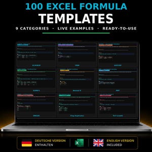 Könnte beinhalten: Ein Laptop-Bildschirm mit 100 Excel-Formelvorlagen, 9 Kategorien, Live-Beispielen und sofort einsatzbereiten Funktionen. Der Bildschirm zeigt ein Raster aus neun verschiedenen Formelbeispielen, darunter VLOOKUP, SUMIFS und UNIQUE. Deutsche Version enthalten.