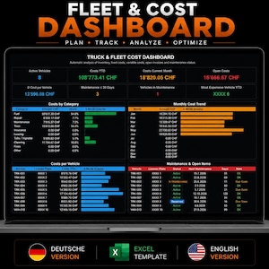 Modelo de planilha Excel para controle de custos de frota de caminhões: Rastreamento de despesas com veículos, manutenção, consumo de combustível e análise operacional da frota (EN/DE)
