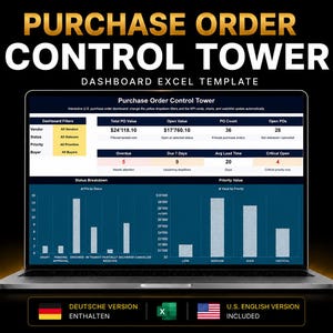 Könnte beinhalten: Ein Laptop-Bildschirm zeigt ein Purchase Order Control Tower Excel-Vorlagen-Dashboard. Die Benutzeroberfläche enthält gelbe Filter-Dropdowns, KPI-Zusammenfassungskarten für PO-Werte und -Anzahlen sowie zwei Balkendiagramme zur Visualisierung von Status und Prioritäten.