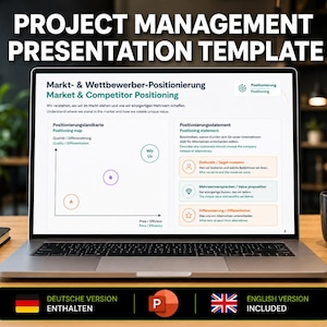 Könnte beinhalten: Ein Laptop-Bildschirm zeigt eine Projektmanagement-Präsentationsvorlage mit dem Titel Markt- & Wettbewerber-Positionierung. Die Folie enthält eine Positionierungslandkarte mit beschrifteten Achsen sowie einen Bereich für das Positionierungsstatement mit Symbolen für Zielkunden, Nutzenversprechen und Differenzierung.