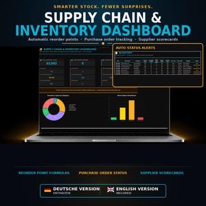 Könnte beinhalten: Ein Laptop zeigt ein Dashboard für Lieferkette und Inventar mit Datenvisualisierungen, darunter ein Kreisdiagramm und ein Balkendiagramm. Der Bildschirm enthält Text wie Supply Chain & Inventory Dashboard und Auto Status Alerts.