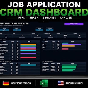 Könnte beinhalten: Ein Laptop-Bildschirm mit einem Job-Bewerbungs-CRM-Dashboard im Dark Mode, das Datentabellen, Statusdiagramme, Pipeline-Balken und Listen mit Top-Chancen anzeigt. Die Benutzeroberfläche enthält Textüberschriften wie JOB APPLICATION CRM DASHBOARD.