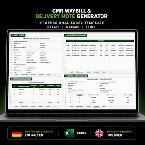 Puede incluir: Una pantalla de portátil que muestra una plantilla de Excel para generar cartas de porte CMR y albaranes. La interfaz presenta cuatro secciones: hoja de entrada, base de datos de direcciones, gestión de mercancías y generador automático.