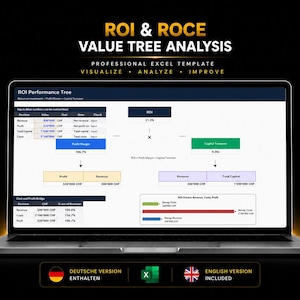 May include: A laptop screen displaying an ROI and ROCE value tree analysis Excel template. The interface features data tables, flowcharts, and bar graphs with financial metrics in CHF. Text includes ROI & ROCE VALUE TREE ANALYSIS, PROFESSIONAL EXCEL TEMPLATE, VISUALIZE, ANALYZE, IMPROVE, DEUTSCHE VERSION ENTHALTEN, and ENGLISH VERSION INCLUDED.