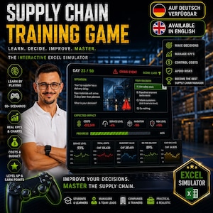 May include: A digital supply chain training game displayed on a laptop screen, featuring an interactive Excel simulator interface with decision-making scenarios, KPI charts, and risk assessments. A black game controller is positioned in the foreground.