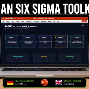 May include: A laptop screen displaying a Lean Six Sigma Toolkit presentation with a DMAIC process slide. The slide outlines five phases: Define, Measure, Analyse, Improve, and Control. A black mug with the text FOCUS IMPROVE DELIVER sits nearby.