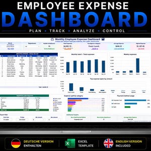 Könnte beinhalten: Ein Laptop-Bildschirm zeigt ein monatliches Dashboard für Mitarbeiterkosten in Excel. Die Benutzeroberfläche enthält Datentabellen, Balkendiagramme und Grafiken zur Nachverfolgung von Ausgaben und Abteilungsbudgets. Text: Employee Expense Dashboard.