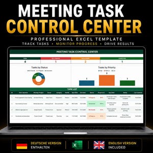 Meeting Task Tracker Dashboard Excel Template | Action Item & Responsibility Matrix | Deadline,  Progress Planner | Meeting Tool (en/de)