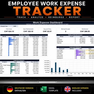 May include: A laptop screen displaying an Employee Work Expense Tracker dashboard with tables and charts for tracking, analyzing, and reporting costs. The interface includes sections for monthly overview, status, reimbursement, and costs per employee in CHF.