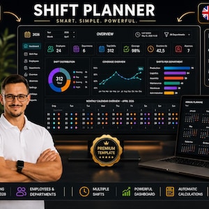 May include: A digital shift planner template displayed on a computer monitor and laptop screen. The interface features a dark theme with colorful charts, a monthly calendar for April 2026, and annual planning tools for 2026, 2027, and 2028 with text labels.