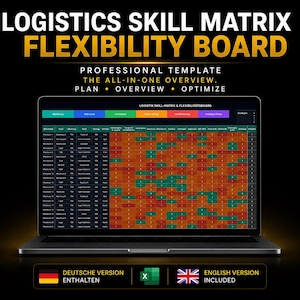 May include: A digital logistics skill matrix flexibility board template displayed on a laptop screen. The interface features a color-coded grid with rows of employee data and columns for various warehouse tasks, including German and English versions.