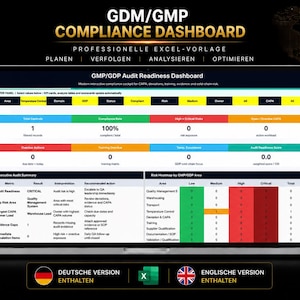 Könnte beinhalten: Ein Laptop-Bildschirm mit einer Excel-Vorlage für ein GDM/GMP-Compliance-Dashboard. Die Benutzeroberfläche zeigt Datentabellen, Statusanzeigen und Audit-Zusammenfassungen. Das Design umfasst einen schwarzen Hintergrund mit goldenen Akzenten und einer Weltkarte.