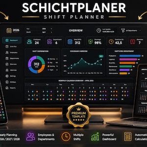 Könnte beinhalten: Eine digitale Schichtplaner-Oberfläche, die auf einem Tablet, Monitor und Laptop angezeigt wird. Die Oberfläche zeigt Datenvisualisierungen, Kalender und den Text "SHIFT PLANNER". Die Oberfläche ist auf Englisch und Deutsch verfügbar. Das Bild enthält auch den Text "PREMIUM TEMPLATE".