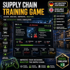 Può includere: Una pubblicità per un gioco di formazione sulla supply chain. L'immagine presenta uno schermo di un laptop che mostra un evento di crisi, un controller di gioco e il testo "Supply Chain Training Game". Il gioco è progettato per aiutare gli utenti a imparare, decidere, migliorare e padroneggiare la gestione della supply chain.