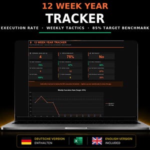 May include: A laptop screen displaying a 12 Week Year Tracker dashboard with dark mode interface, orange and green text, execution rate metrics, weekly tactics, and an 85% target benchmark line graph. Includes German and English versions.