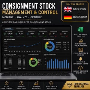 May include: A laptop screen displays a consignment stock management dashboard. The screen shows data visualizations, charts, and graphs. The text on the screen reads "Consignment Stock Management & Control" and "Monitor, Analyze, Optimize". The image also includes icons and text such as "Better Stock Control".