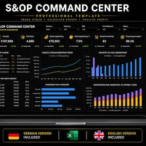 Può includere: Uno schermo di computer portatile che mostra il modello professionale S&OP COMMAND CENTER, una dashboard esecutiva con visualizzazioni di dati, grafici e tabelle per tracciare le scorte, calcolare i prezzi e analizzare i profitti in un'interfaccia scura.