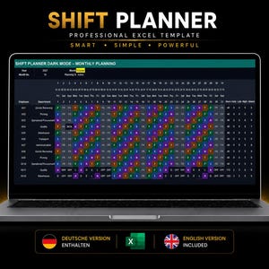 Shift Planner and Calendar 2026-2028: Excel Staff Scheduling, Employee Roster and HR Calendar and Dark Mode (DE/EN)