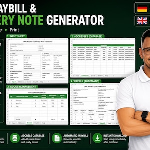 Könnte beinhalten: Eine digitale CMR-Frachtbrief- und Lieferschein-Generator-Vorlage für Excel. Die Benutzeroberfläche zeigt Eingabeblätter, Adressdatenbanken und Warenverwaltungstabellen mit grünen Akzenten. Text beinhaltet CMR WAYBILL & DELIVERY NOTE GENERATOR.