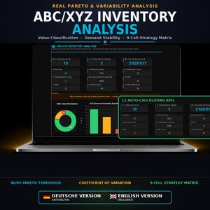 Könnte beinhalten: Ein Laptop-Bildschirm zeigt ein ABC/XYZ-Inventaranalyse-Dashboard mit Datentabellen, einem Kreisdiagramm und einem Balkendiagramm. Die Benutzeroberfläche enthält Textbeschriftungen wie Real Pareto & Variability Analysis, 12 Auto-Calculating KPIs und 9-Cell Strategy Matrix.