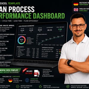 Könnte beinhalten: Eine digitale Excel-Vorlage für ein Lean Process Performance Dashboard auf einem Laptop-Bildschirm. Die Benutzeroberfläche zeigt Datenvisualisierungen, darunter ein Ringdiagramm und ein Liniendiagramm, sowie Kennzahlen wie Taktzeit und Durchlaufzeit.