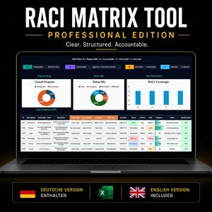Könnte beinhalten: Ein Laptop-Bildschirm zeigt ein RACI Matrix Tool Professional Edition Dashboard mit Diagrammen, Fortschrittsringen und einer Aufgabentabelle. Die Benutzeroberfläche enthält Bereiche für den Gesamtfortschritt, den Status-Mix und die RACI-Abdeckung sowie Hinweise auf enthaltene deutsche und englische Versionen.
