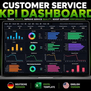 May include: A digital customer service KPI dashboard displayed on a laptop screen, featuring various colorful charts, graphs, and metrics. The text reads CUSTOMER SERVICE KPI DASHBOARD, TRACK TICKETS, IMPROVE SERVICE QUALITY, BOOST SUPPORT PERFORMANCE.