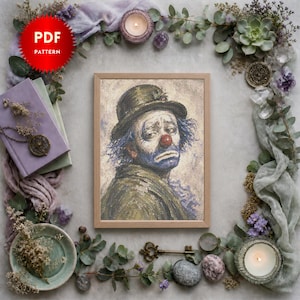 Può includere: Un modello PDF con un ritratto incorniciato di un clown triste che indossa un cappello scuro e un cappotto. Il clown ha il viso dipinto di bianco, accenti blu intorno agli occhi e alla bocca e un naso rosso. Stile artistico materico.