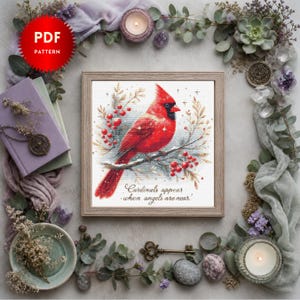 Cardinals Appear When Angels Are Near Cross Stitch Pattern PDF, Winter Cardinal Bird Design (Instant Download)