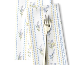Blue & Yellow Floral Stripe Napkins | Cottage Dinner Napkins | Vintage Wildflower Print