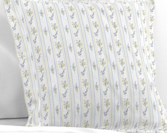 Blue & Yellow Floral Stripe Pillow Sham | Cottage Essential | Vintage Wildflower Print | Room Decor
