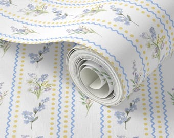 Blue Yellow Floral Stripe Wallpaper | Cottage Wildflower Print (Peel and Stick)