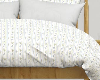 Blue & Yellow Floral Stripe Duvet Cover | Cottage Essential | Vintage Wildflower Print | Room Decor